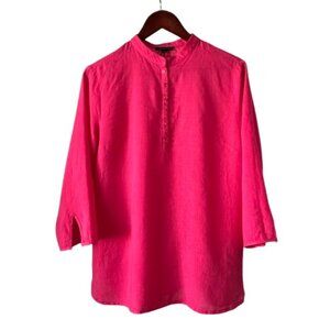 Carole Little Women' M Pink Boxy Linen Tunic With 3/4 Sleeves & Mandarin Collar
